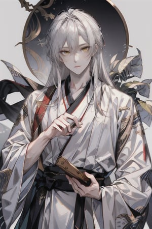 ((masterpiece, best quality)), detailed face, perfect focus, 1boy, beautiful man, (beautiful detailed eyes), sharp_eyes, yellow_eyes, silver_hair, long_hair, details hand, (white hanfu), free style, simple blurry background
