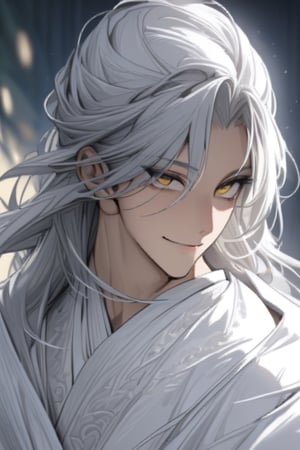 ((masterpiece, best quality)), detailed face, perfect focus, 1boy, (beautiful detailed eyes), smile, sharp_eyes, yellow_eyes, silver_hair, long_hair, (moonlight), (gorgeous white hanfu), (upper body1.3) , blurry background