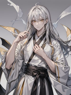 (masterpiece, best quality), ultra high resolution, detailed face, perfect focus, 1boy, beautiful man, (beautiful yellow_eyes), sharp_eyes, impatient, silver_hair, long_hair, detailed hand, (white hanfu), free style