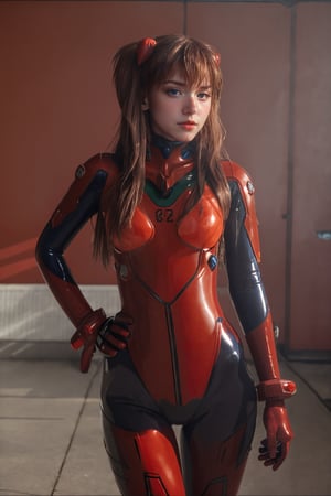4K, 8K, (Masterpiece, best quality:1.2), blue eyes, perfect face, cosplay, professional photo, photo, photorealism, ((red armor)), modelshoot style, portrait of shirogane, red plugsuit, feminine, (girl),  ((cyberpunk landscape)), (narrow waist), upper body, face shot, very small breats, sexy look,photorealistic,realism, masterpiece, realistic face, realistic skin,realistic arms, realistic body, (bust shot photo of shirogane, shirogane asuka langley, shirogane asuka langley cosplay