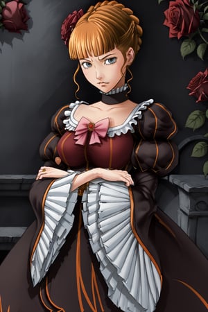 I draw as realistically as possible, portrait of beatrice ((beatrice)) ((umineko)),nyantcha style,beatrice,beatrice1, beatrice smoking a pipe, garden full of red roses background