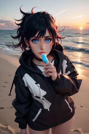 food, food in mouth, holding, holding food, eating, sexually suggestive, parted lips, tongue, tongue out, saliva, licking, popsicle, melting, solo, hand up, ice cream, holding ice cream, popsicle in mouth, looking at viewer, suggestive fluid, food on body,
xxmix_girl,a woman takes a fisheye selfie on a beach at sunset, the wind blowing through her messy hair. The sea stretches out behind her, creating a stunning aesthetic and atmosphere with a rating of 1.2.,xxmix girl woman, futanari, close up,reina,Extremely Realistic