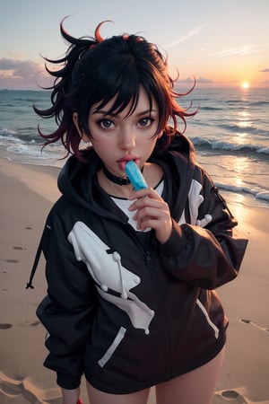 food, food in mouth, holding, holding food, eating, sexually suggestive, parted lips, tongue, tongue out, saliva, licking, popsicle, melting, solo, hand up, ice cream, holding ice cream, popsicle in mouth, looking at viewer, suggestive fluid, food on body,
xxmix_girl,a woman takes a fisheye selfie on a beach at sunset, the wind blowing through her messy hair. The sea stretches out behind her, creating a stunning aesthetic and atmosphere with a rating of 1.2.,xxmix girl woman, futanari, close up,reina,Extremely Realistic