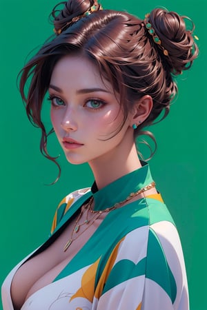 1girl, half body shot, solo,,oil painting, impasto, looking at viewer, double bun hair, blue eyes, lips, brown skin, necklace, lips, vibrant blue background,circlet,green sexy outfit showing cleavage,masterpiece,beautyniji,nijistyle,niji, ,3DMM