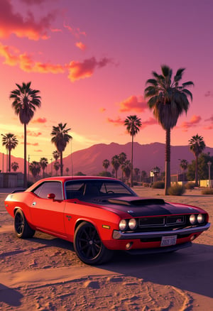 xRottx-gta-Style,Dodge Challenger in the California desert with palm trees during a sunset, artwork by rockstar games, artwork of gta 5, cell shading, cell art