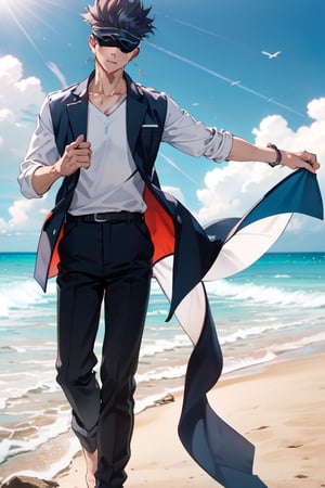 Satoru Gojo stands tall on the sandy shores of Miami Beach, his iconic blindfold fluttering in the ocean breeze as he surveys the horizon, his presence radiating calm and confidence amidst the vibrant beach scene.,gojou satoru