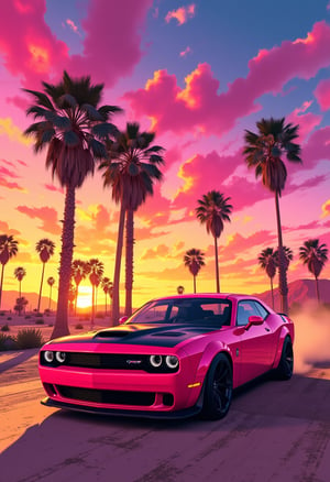 xRottx-gta-Style,Dodge Challenger in the California desert with palm trees during a sunset, artwork by rockstar games, artwork of gta 5, cell shading, cell art