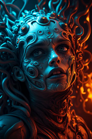 Her face, a serene mask of intertwined organic tendrils and glowing embers, embodies the essence of corrupted beauty. The BioSludge Cartel's touch has woven her into the very fabric of mutation itself—a living tapestry of decay and transformation, where every breath fuels the bioluminescent fire that sustains her twisted existence.