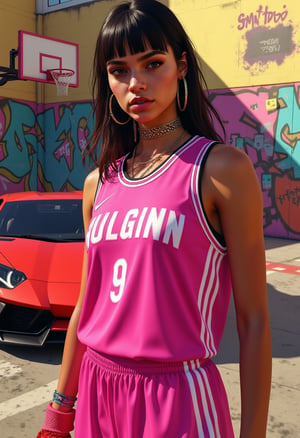 xRottx-gta-Style, 1 girl, vibrant pink jersey with crisp white stripes, detailed facial expression, holding M4 in one hand, standing in a gritty urban basketball court with bold graffiti, amidst warm afternoon lighting, with a sleek red Lamborghini Urus parked in the background, rich textures and shadows.