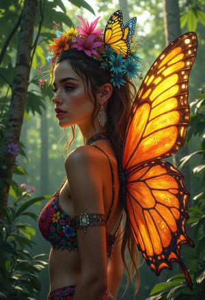 xRottx-gta-Style,a beautiful woman in a fantasy forest with butterfly wings and a colorful and bright design inspired by nature