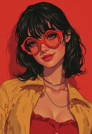 xrottx-retro-stryle,retro style,1girl, red glasses, smiling, realistic, 