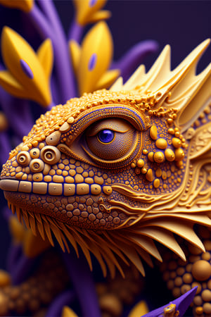 Intricate fantasy animal chameleon   detail, award winnig photography, intricate details, 8k, colors yellow and purple ,Intricate ,Add more detail,perfect light,