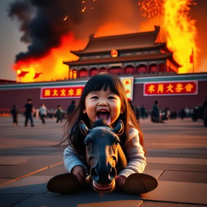 A whimsical scene of a long-haired child with exaggerated, googly eyes, seated in the middle of Tiananmen Square, devouring a horse. The background features flickering fires, adding a surreal and dramatic atmosphere. The composition is centered around the child, with the square and flames framing the action. The lighting is bright, highlighting the child's exaggerated expressions against the dark, fiery backdrop.