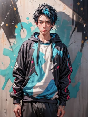 Craft a 2.5D ultra-detailed realistic image of a handsome man with black and blue hair wearing a vibrant, colorful hoodie. Surround the figure with glowing paint splatters and place him against a backdrop of graffiti-covered walls for an artistic urban feel.,1boy,boy