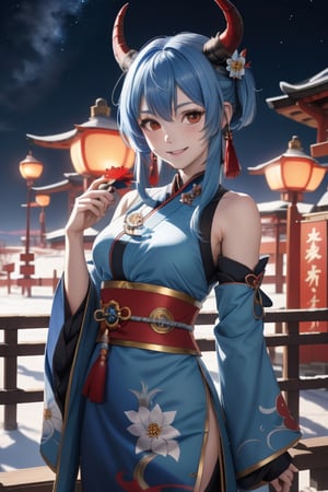 Anime girl, blue hair, ganyu outfit, smile, black and red horns, liyue, night sky, long hair, genshin impact, ganyu, cloud, holding flower