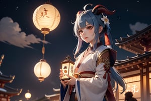 Liyue, night sky, long hair, genshin impact, ganyu, cloud, holding flower, focus on face, black and red horns, town, lantern