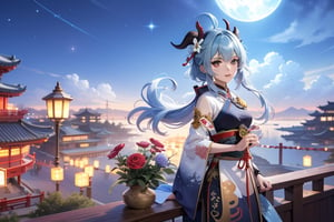 Liyue, night sky, long hair, genshin impact, ganyu, cloud, holding flower, focus on face, qilin, black and red horns, town, lantern