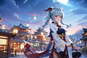Liyue, night sky, long hair, genshin impact, ganyu, cloud, holding flower, focus on face, black and red horns, town, lantern