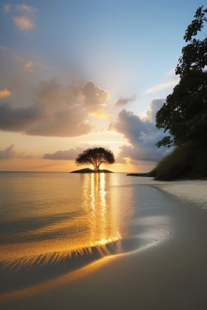 Sea, beach, cloud, sand, tree, small island, blue sky, hollow light, sunset, reflection 