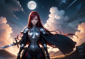 Fairy tale, Erza scarlet, Anime, red hair, long hair, welding a sword, focus on face, shining armor, night sky, moon, cloud, focus on eye 