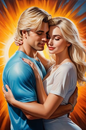 Oil painting, airbrush, Light-haired man hugging light-haired woman, beautiful couple , matching background, comic art