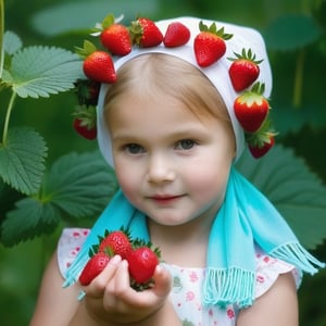 A little girl ((Russian sundress)), ((bright scarf on her head)) picks berries ((strawberries)) in the forest.