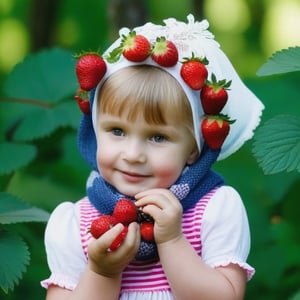 A little girl ((Russian sundress)), ((bright scarf on her head)) picks berries ((strawberries)) in the forest.