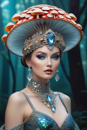 The fabulous queen of mushrooms. in a patterned crown in the shape of a fly, completely made of glass and Swarovski crystals. With beautiful bright makeup, Swarovski crystals on her face. There is a necklace of mushrooms around her neck. the dress on her depicts a bunch. Very beautiful, luxurious, expensive, lots of details. A futuristic holographic portrait. High detail, realistic photo, forest background, oil watercolor, airbrush