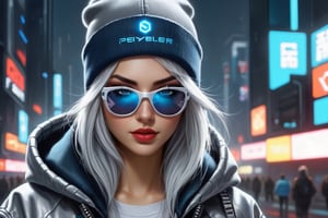 Oil painting, airbrush, Cute white female cyberpunk hacker with blue colored glasses, in a jacket with a Beanie long grey hair half teeshirt ripped jeanscyberpunk 2077
