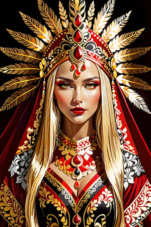 elegant, graceful female model with long blonde hair, in an intricate headdress and extravagant outfit, complex Khokhloma patterns (red, yellow-gold, black), neutral background, bright lighting, contrasting shadows and reflections, clear details, realism, photo quality