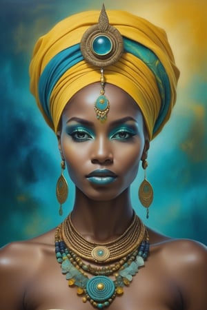 African shaman and African symbolism, science fiction style, fantasy, mystical, dreamy, dark golden yellow, sea green, indigo and turquoise, best quality, Magical mood, young black woman in turban, airbrush