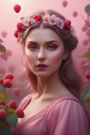 conceptual portrait, ultra-realistic, art helga, art nerd, fantasy. In the background there is a beautiful blooming raspberry in a hazy pink haze, in the foreground there are flying berries, contrast, fantastic lighting, high resolution, high detail, fantasy, mysticism, ephemerality