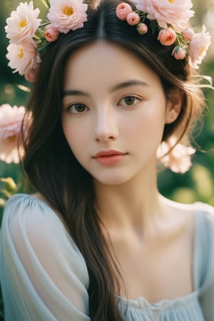 cinematic, documentary photography, young woman with flower, close-up shot, in a serene garden, soft and dreamy colors, Nikon Z series, 50mm prime lens