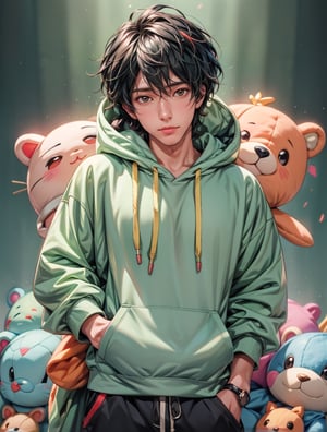 Produce an anime-style 2.5D ultra HDR realistic image of a handsome man wearing a colorful hoodie surrounded by adorable plush toys, with a perfect ray-traced light effect that adds a blurry, dreamy quality to the lighting.