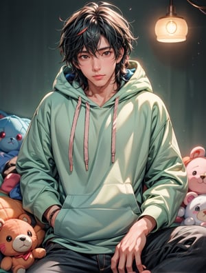 Produce an anime-style 2.5D ultra HDR realistic image of a handsome man wearing a colorful hoodie surrounded by adorable plush toys, with a perfect ray-traced light effect that adds a blurry, dreamy quality to the lighting.