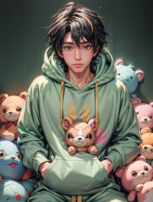 Produce an anime-style 2.5D ultra HDR realistic image of a handsome man wearing a colorful hoodie surrounded by adorable plush toys, with a perfect ray-traced light effect that adds a blurry, dreamy quality to the lighting.