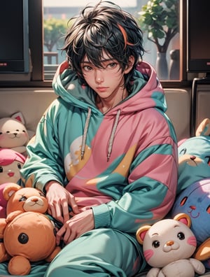 Produce an anime-style 2.5D ultra HDR realistic image of a handsome man wearing a colorful hoodie surrounded by adorable plush toys, with a perfect ray-traced light effect that adds a blurry, dreamy quality to the lighting.