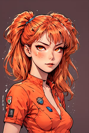 (best quality, 4k, 8k, highres, masterpiece:1.2), ultra-detailed, T-shirt illustration of Asuka Langley from Neon Genesis Evangelion. She is the confident and strong-willed Eva pilot, with her iconic red NERV pilot suit, a sleek and form-fitting outfit. Her vibrant orange hair is styled in twin tails, and her determined expression reflects her fierce personality. The illustration should emphasize her as a central figure, capturing her dynamic energy and attitude. LegendDarkFantasy style, just the character, no background, comic book style.