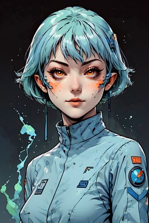 Ultra-detailed T-shirt illustration of Rei Ayanami from Neon Genesis Evangelion, best quality, 4k, 8k, high resolution, masterpiece: 1.2. She is the mysterious and silent pilot of Eva, wearing her iconic NERV white pilot suit, sleek and form-fitting, with accents contrasting her  skin and short sky blue hair. Her expression is calm and emotionless, reflecting her enigmatic personality. The illustration should focus on capturing her ethereal and aloof presence. LegendDarkFantasy style, character only, no background, comic book style.