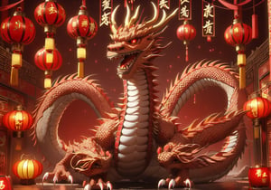 looking at viewer, no humans, fangs, red background, claws, new year, lantern, 1 dragon,  eastern dragon, chinese new year,Oriental Dragon,chinese dress