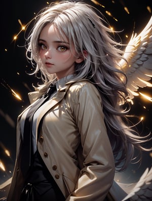 (masterpiece, best quality:1.3), (ultra-detailed:1.3), 1girl, solo, (white hair, messy hair, long hair), (angel wings, angel halo), flat chest, yellow eyes, (white shirt, black necktie, black coat, open coat), cowboy shot, cinematic lighting, (((glowing light particles))), (arms behind back), dynamic angle,
