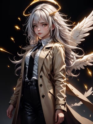 (masterpiece, best quality:1.3), (ultra-detailed:1.3), 1girl, solo, (white hair, messy hair, long hair), (angel wings, angel halo), flat chest, yellow eyes, (white shirt, black necktie, black coat, open coat), cowboy shot, cinematic lighting, (((glowing light particles))), (arms behind back), dynamic angle,
