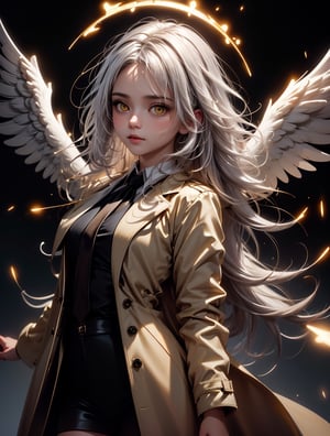 (masterpiece, best quality:1.3), (ultra-detailed:1.3), 1girl, solo, (white hair, messy hair, long hair), (angel wings, angel halo), flat chest, yellow eyes, (white shirt, black necktie, black coat, open coat), cowboy shot, cinematic lighting, (((glowing light particles))), (arms behind back), dynamic angle,
