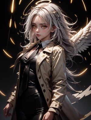 (masterpiece, best quality:1.3), (ultra-detailed:1.3), 1girl, solo, (white hair, messy hair, long hair), (angel wings, angel halo), flat chest, yellow eyes, (white shirt, black necktie, black coat, open coat), cowboy shot, cinematic lighting, (((glowing light particles))), (arms behind back), dynamic angle,
