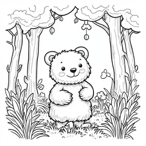 small cute brown anthropomorphic bear in a fairy forest, Shaggy, Furry, Contour technique, outlines for coloring, black and white, line art, v3ctora style