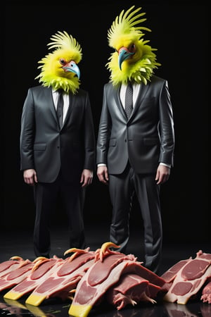 Surrealistic image, visually striking photographic art, grotesque art, slightly disturbing, hyper-detailed, 8k, two fluorescent yellow feathered creatures wearing suits and hats, the head is a bird, the body is dressed Man in suit standing in dark moody interior. The image has a surreal, whimsical quality. A large pile of meat pieces on the reflective black floor. A large number of wet meat pieces, which is confusing.














