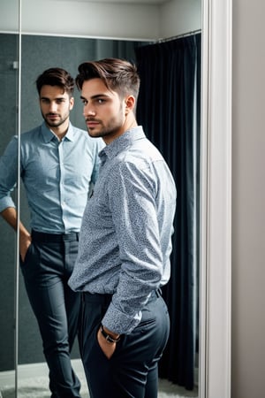 man standing in front of a mirror, with a confident expression and a thought bubble showing a successful version of themselves.
