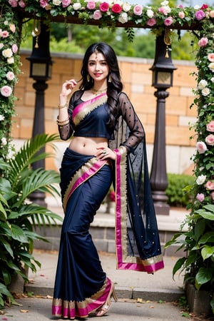 1married indian women, solo, looking at viewer, smile, black saree and blouse, black hair, jewelry, standing, full body, earrings, outdoors, half sleeves, mehndi on hand, showing mehndi, hands up, plant, ancient saree, photo background
