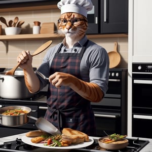orange cat,cute,red black plaid shirt,bespectacled,personification,chef hat,apron,cooking,food,photorealistic.