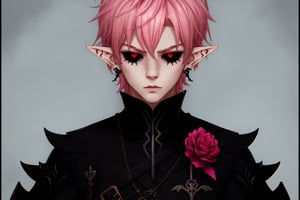  1 man, male face , short pink hair, twink body, freckles face , kawaii ,perfect light , elf ear,fantasy clothing,wrenchftmfshn,Completely_black_eyes,dark_sclera,empty eyes,black sclera ,vtuber-fullbody